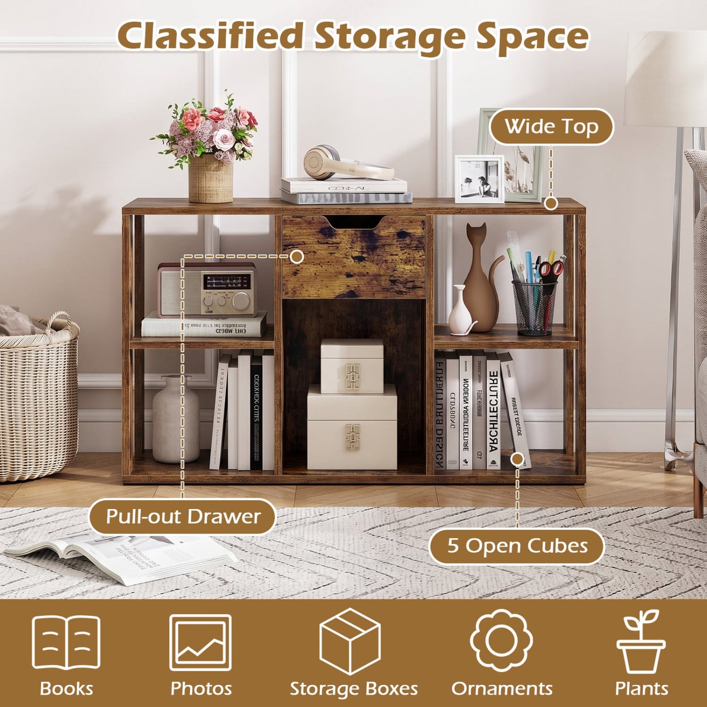 5-Cube Bookcase with Storage Drawer, Rustic Brown Bookcases at Gallery Canada