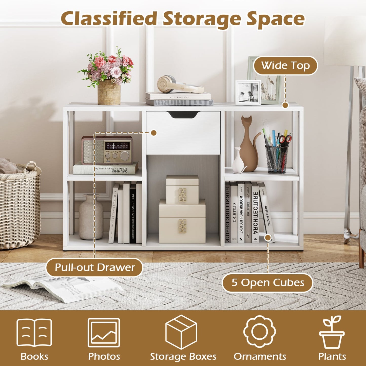 5-Cube Bookcase with Storage Drawer, White Bookcases at Gallery Canada