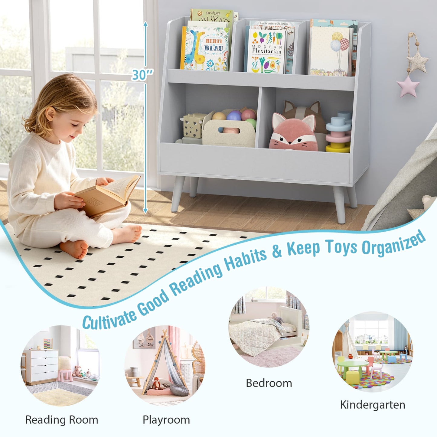 5-Cube Kids Bookshelf & Toy Organizer, Light Gray