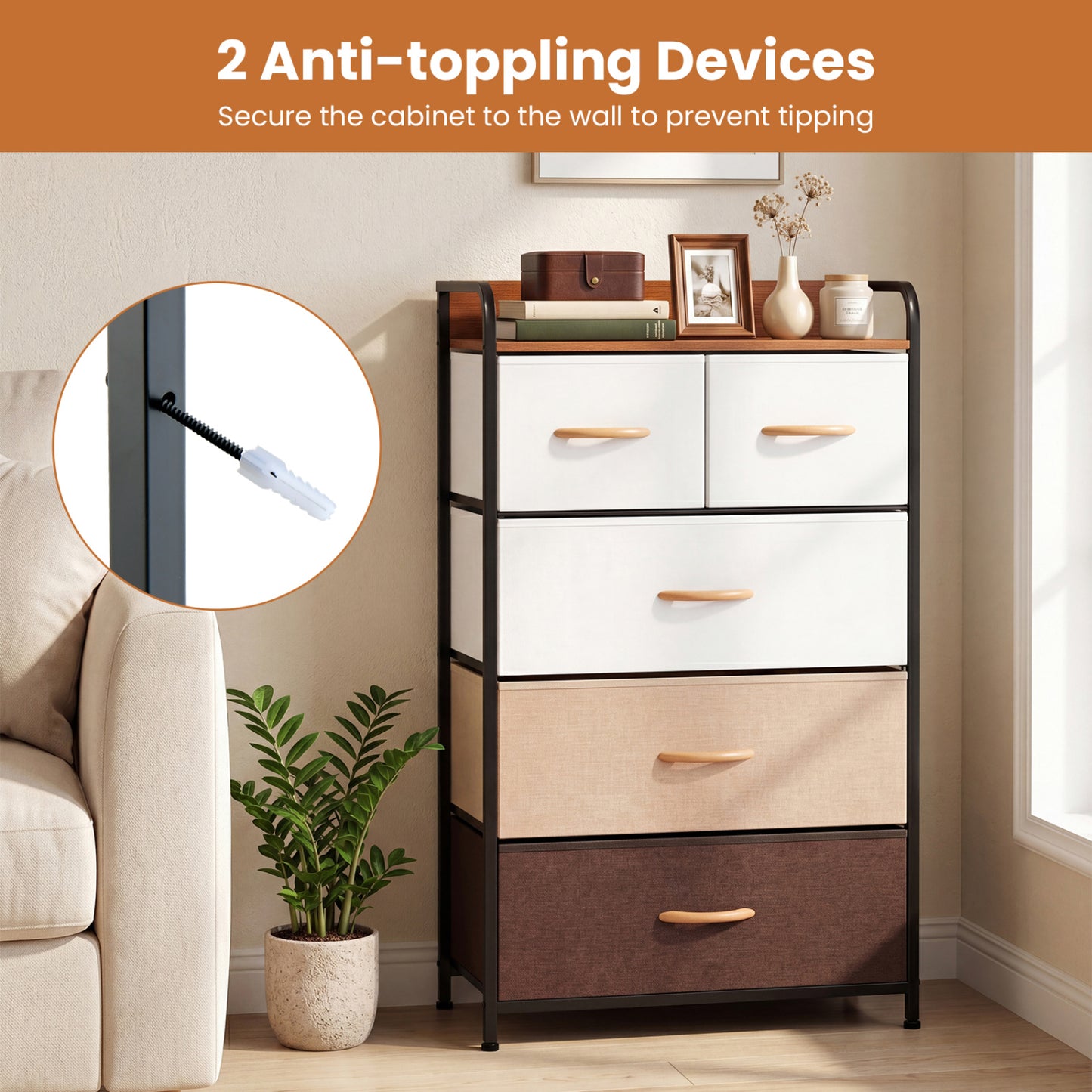5-Drawer Fabric Dresser with Removable Fabric Bins, Multicolor