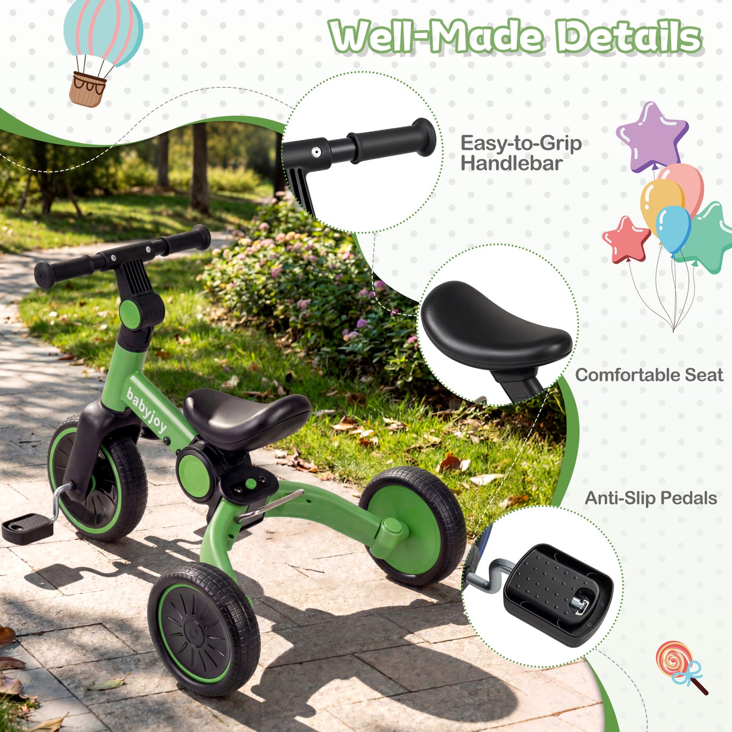 5-In-1 Toddler Bike, Kids Balance Bike With Removable Pedals, Green Balance Bikes at Gallery Canada