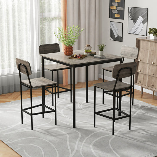 5-Piece Counter Height Dining Bar Table Set, 4 Chairs, Gray