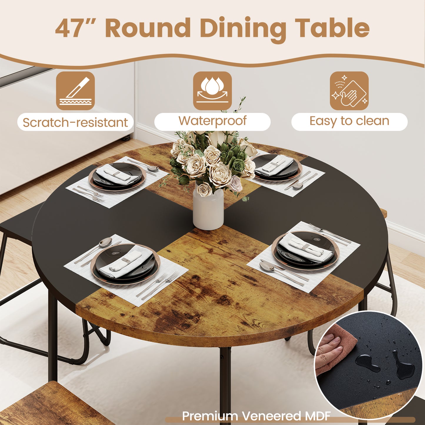 5-Piece Dining Set, 47 Inch Round Kitchen Table, 4 Stools, Brown Dining Room Sets at Gallery Canada