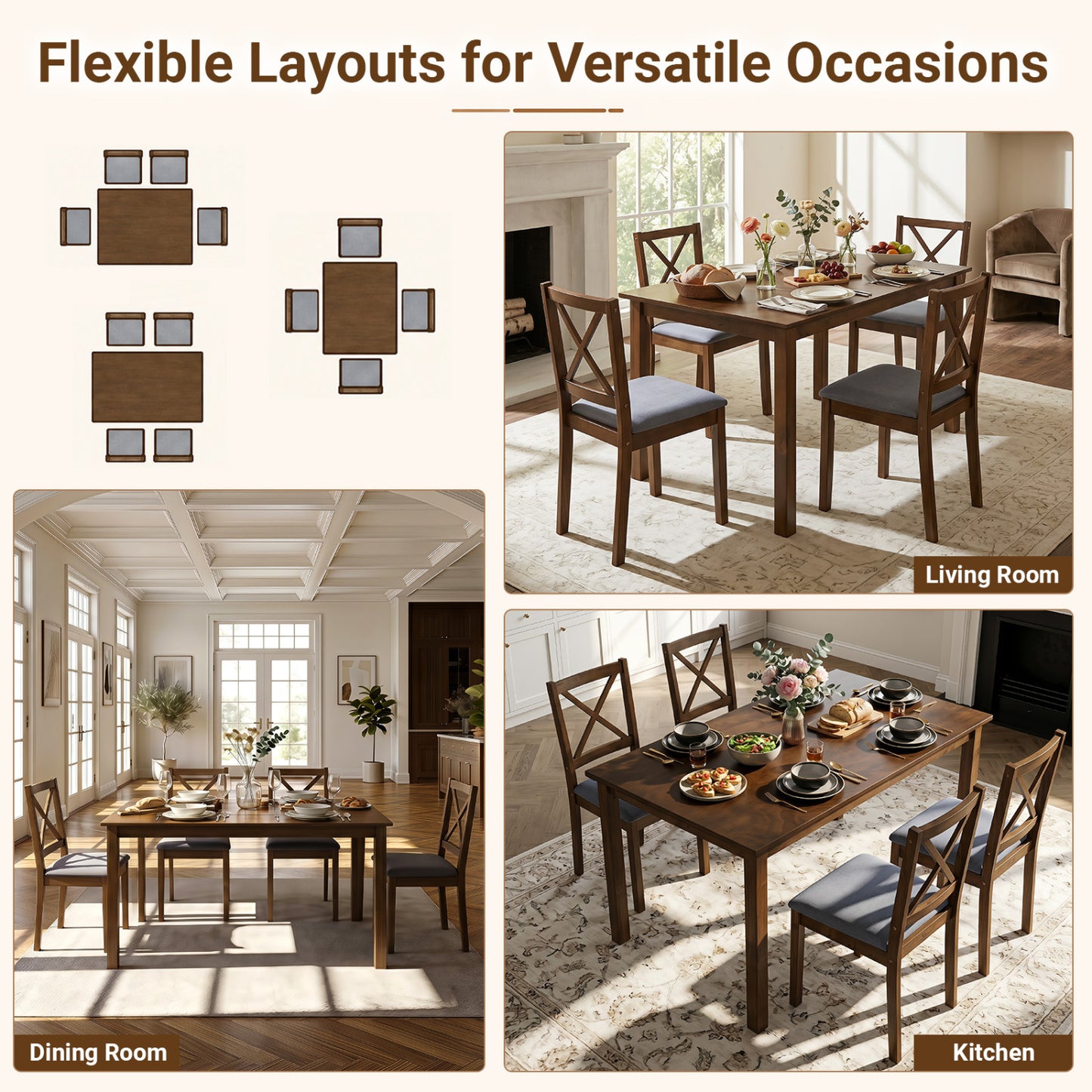 5-Piece Dining Set, Rectangular Table, Fabric Chairs, Gray