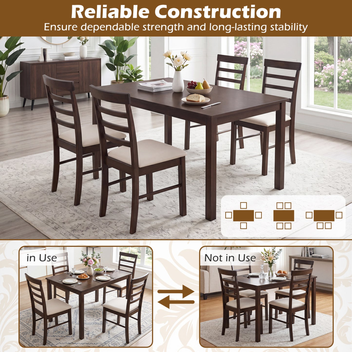 5-Piece Dining Table Set with 4 Upholstered Chairs, Brown