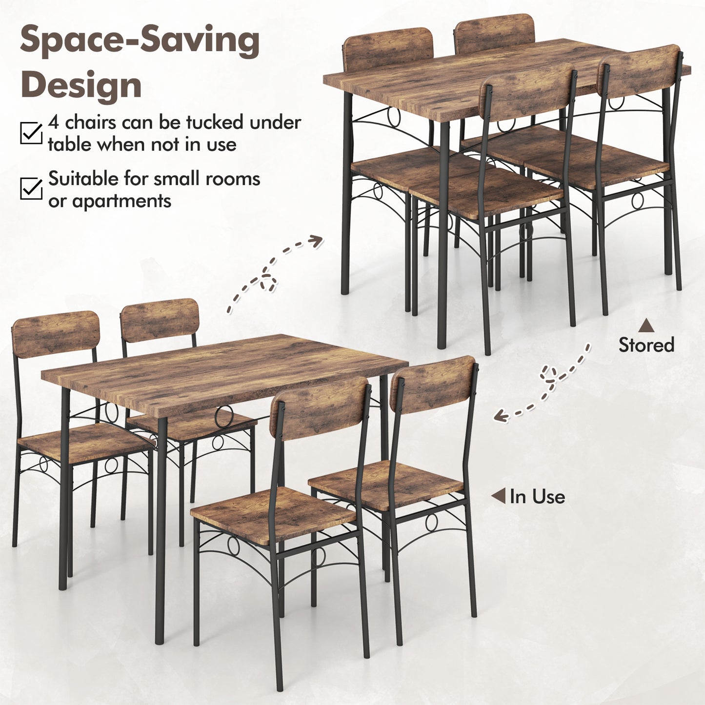 5-Piece Industrial Dining Table Set for 4 for Small Place Apartment, Brown Dining Room Sets at Gallery Canada