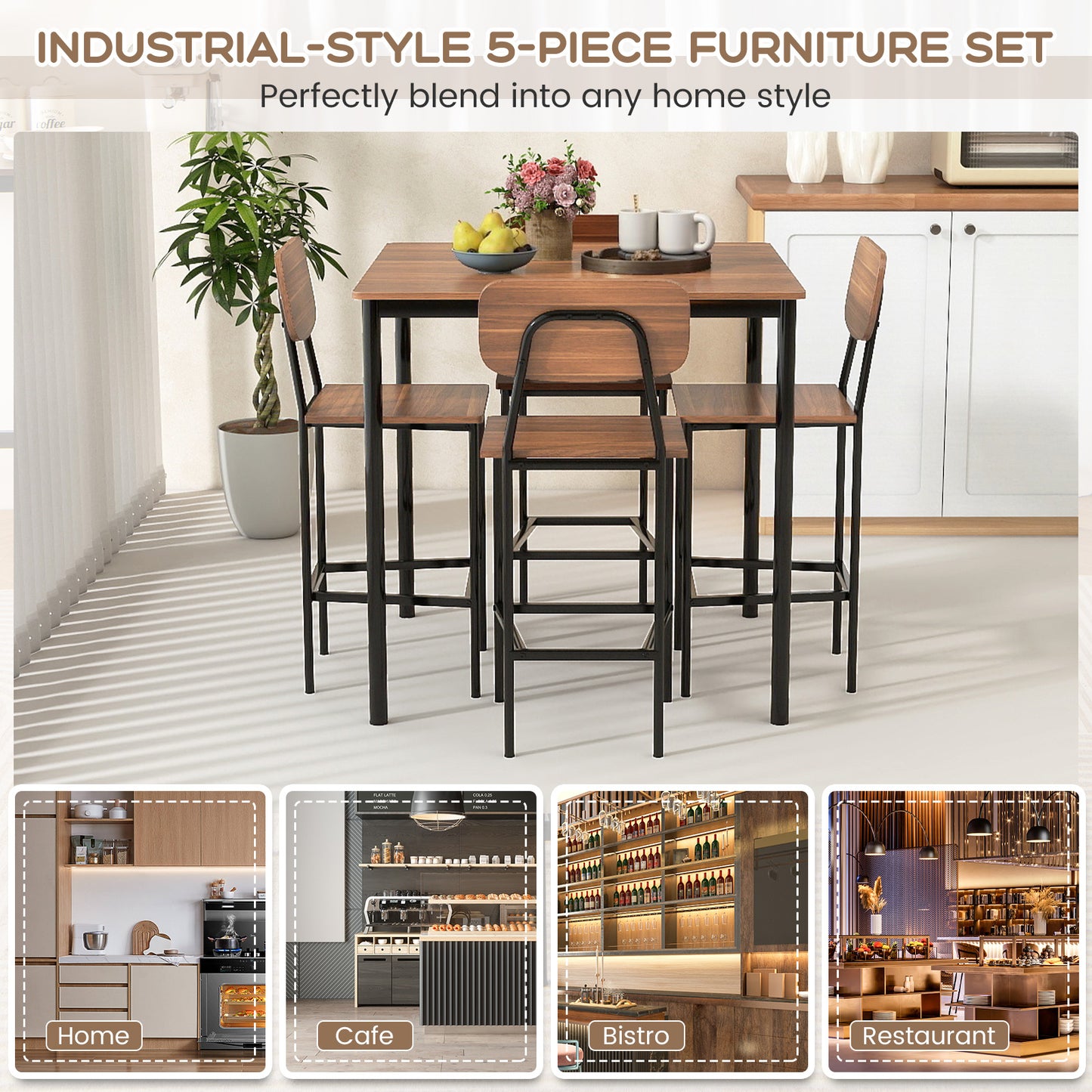 Industrial Dining Table Set, 5-Piece, Counter Height, Teak Dining Room Sets at Gallery Canada