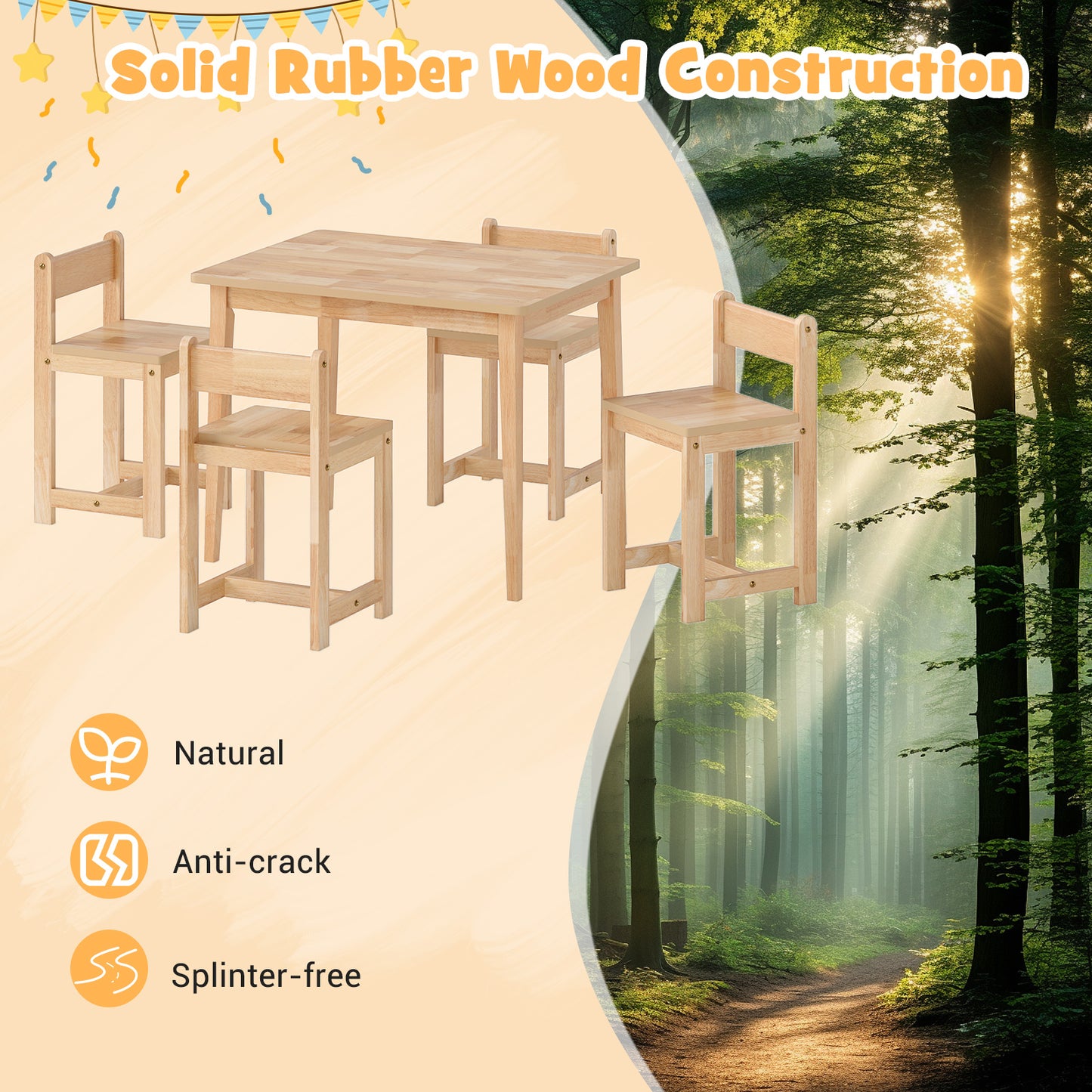 5-Piece Kids Table And Chairs Set, Solid Rubber Wood, Natural Kids Table & Chair Sets at Gallery Canada