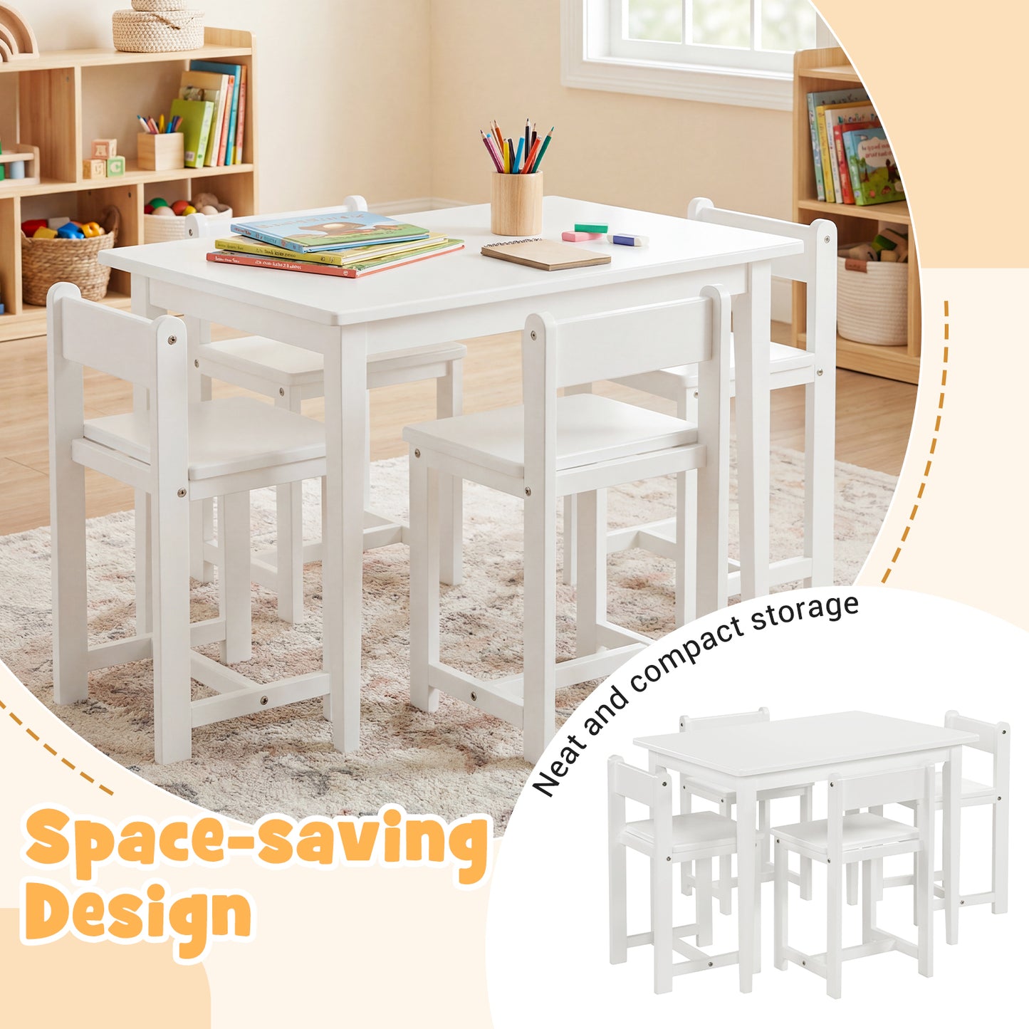Kids Table And Chairs Set, 5-Piece, Solid Rubber Wood, White Kids Table & Chair Sets at Gallery Canada