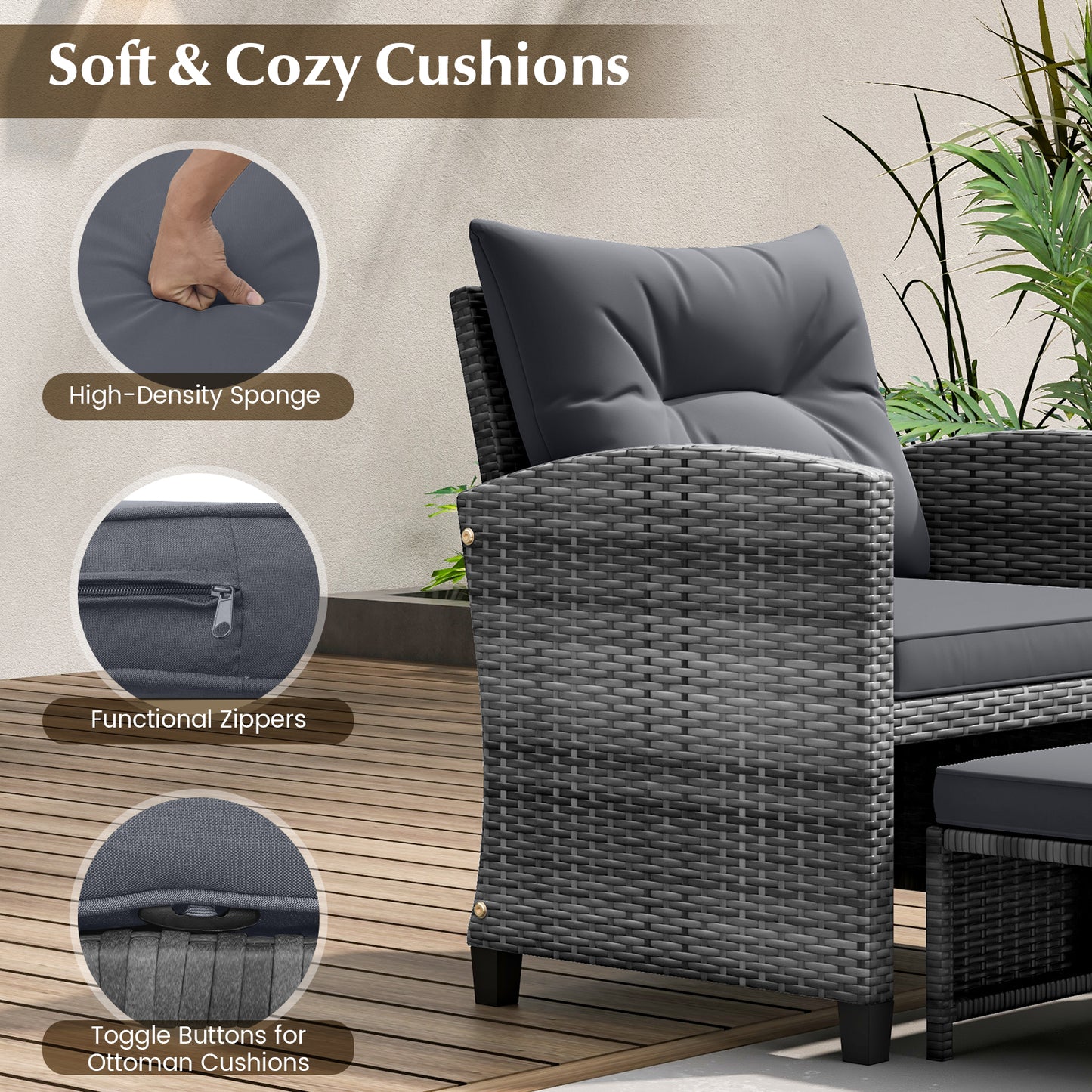 5 Piece Patio Rattan Furniture, 2 Ottomans, Tempered Glass Coffee Table, Gray Patio Conversation Sets at Gallery Canada