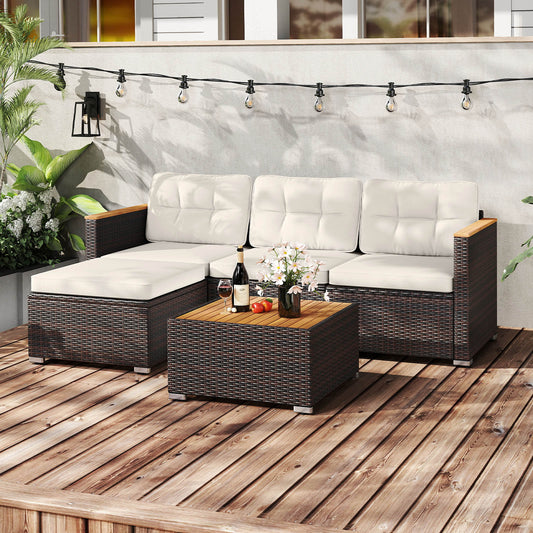 5-Piece Wicker Rattan Conversation Set With Cushions, Coffee Table, White Patio Conversation Sets White at Gallery Canada