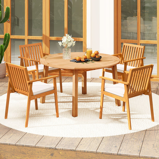 5 Pieces Acacia Wood Patio Dining Set with Umbrella Hole Patio Dining Sets Off White at Gallery Canada