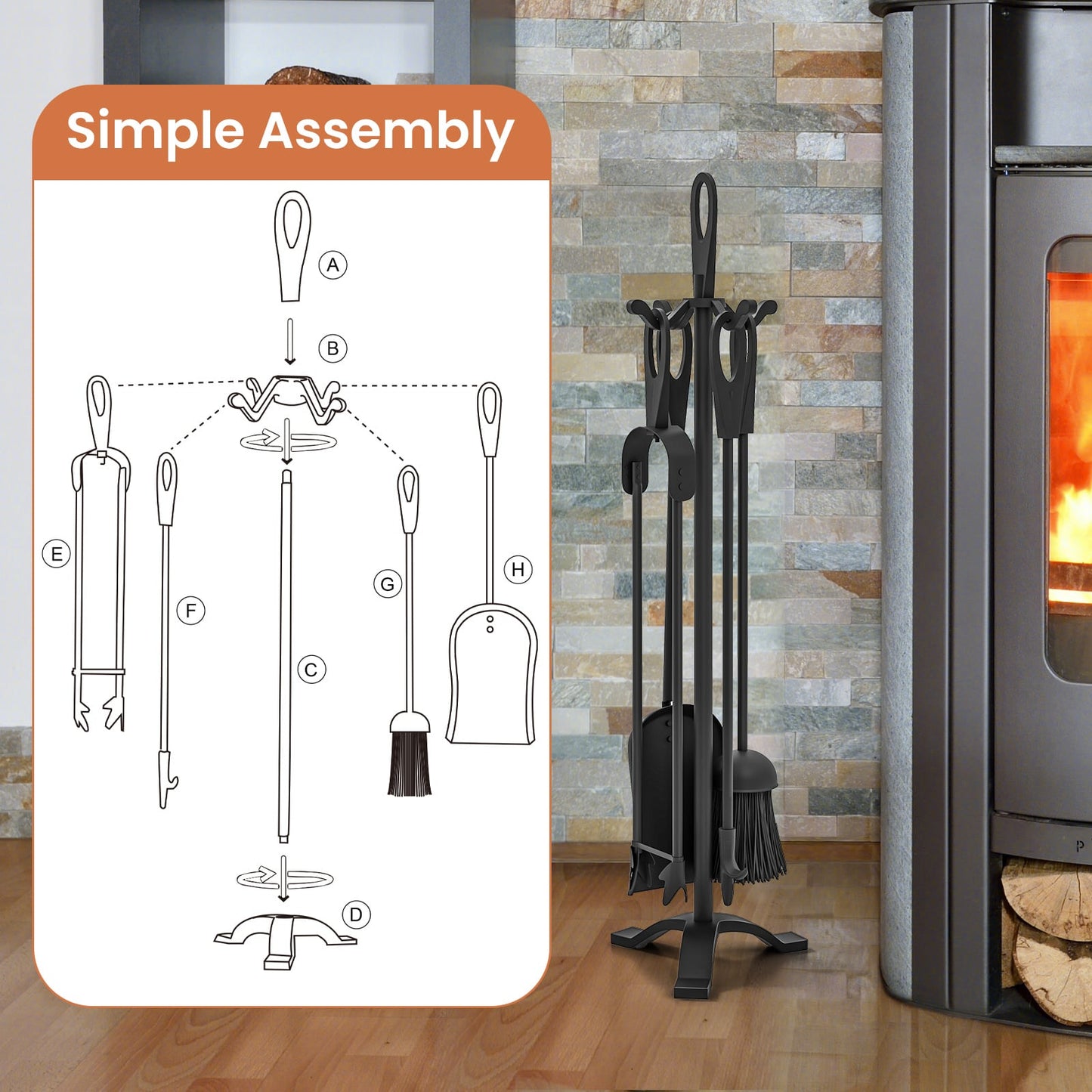 5 Piece Fireplace Tool Set With Poker, Black