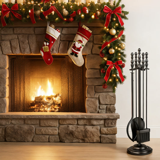 5-Pieces Fireplace Tool Set with Poker Tongs Brush Shovel and Round Stand Fireplace Tools Options at Gallery Canada