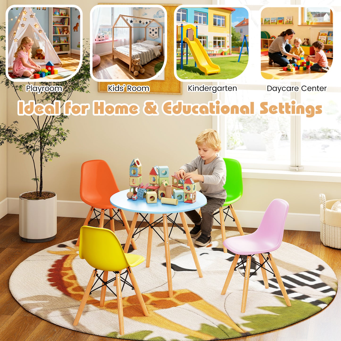 5 Piece Kids Set, 4 Armless Chairs, Colorful, Multicolor