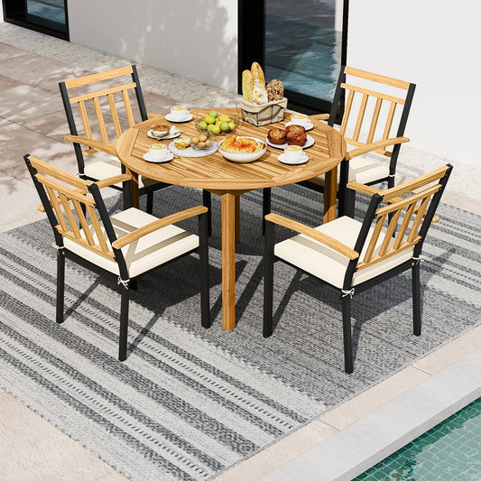 5 Pieces Outdoor Acacia Wood Dining Set Patio Round Table and Metal Chairs with Cushions Patio Dining Sets Options at Gallery Canada