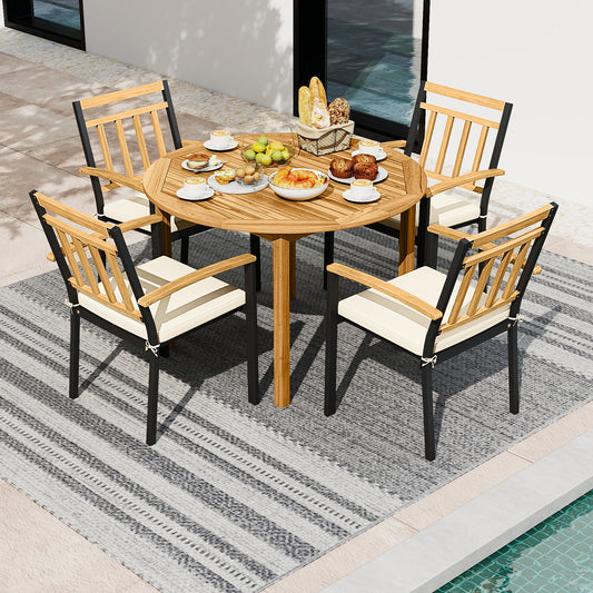 5 Piece Outdoor Acacia Wood Dining Set, Round Table, Metal Chairs with Cushions Patio Dining Sets Options at Gallery Canada