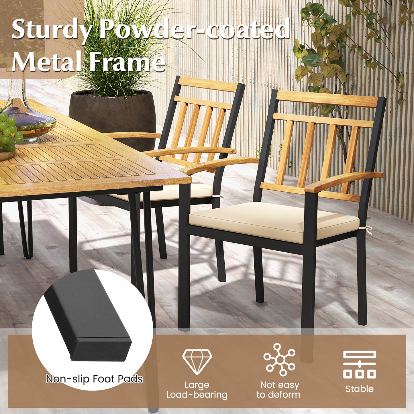 5 Piece Acacia Wood Dining Set Round Table Metal Chairs with Cushions Patio Dining Sets at Gallery Canada