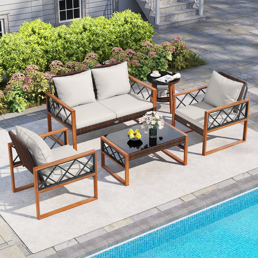 5 Pieces PE Wicker Patio Furniture Set with Acacia Wood Frame Patio Dining Sets Options at Gallery Canada