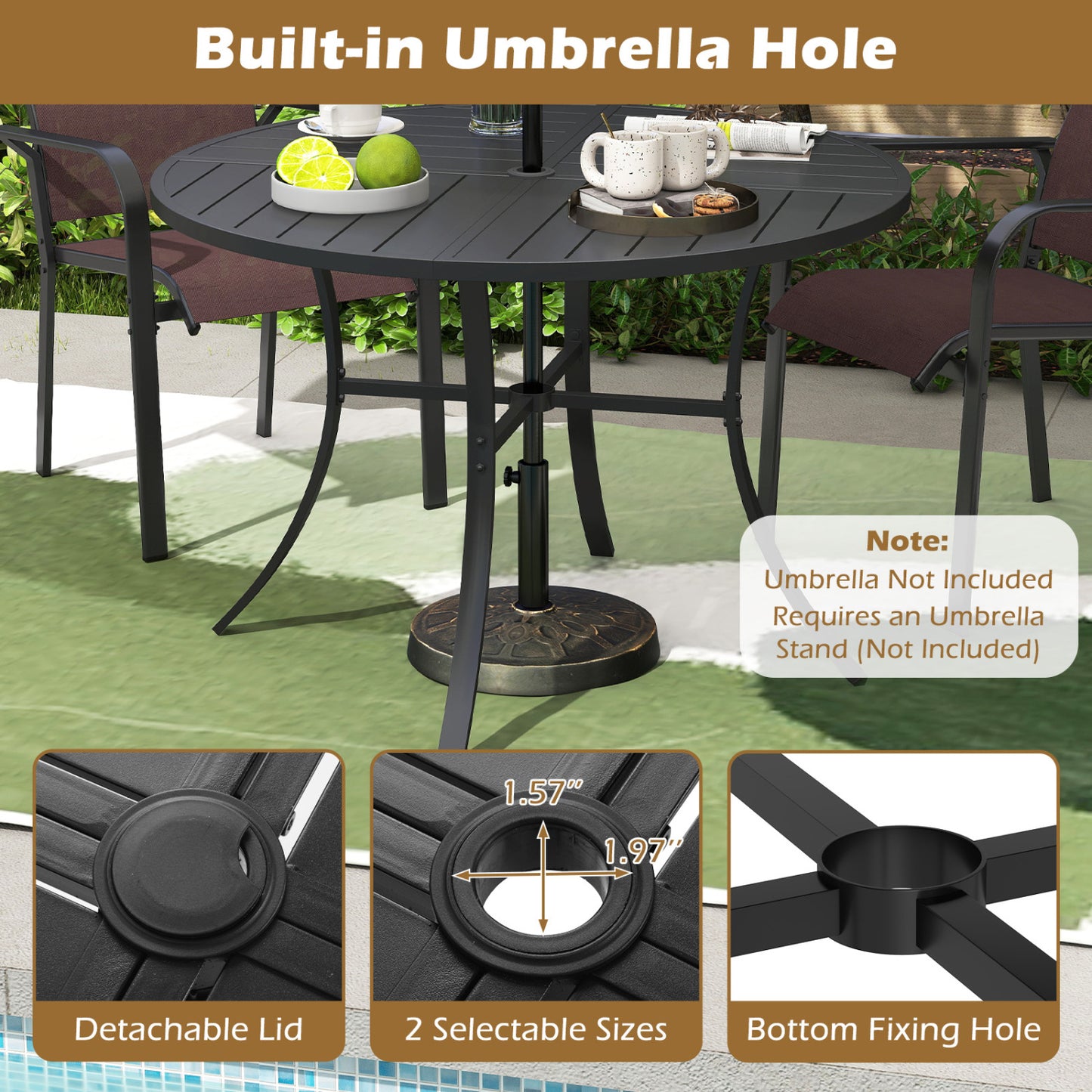 5 Piece Patio Dining Set, 42.5 Inch Round Metal Table, Coffee, Black Patio Dining Sets at Gallery Canada
