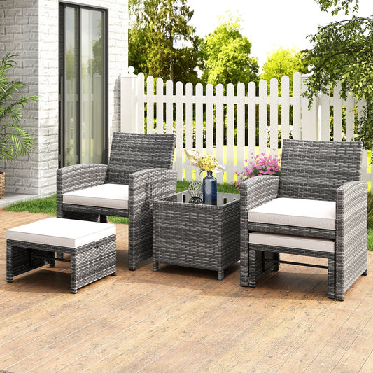 5-Piece Patio Furniture Set, PE Wicker Outdoor Lounge Chairs, 2 Ottomans, White