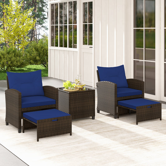5 Pieces Patio Rattan Furniture with 2 Ottomans and Tempered Glass Coffee Table, Navy Patio Conversation Sets Navy at Gallery Canada