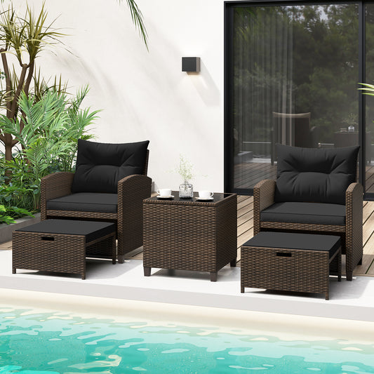 5 Pieces Patio Rattan Furniture with 2 Ottomans and Tempered Glass Coffee Table, Black Patio Conversation Sets Black at Gallery Canada