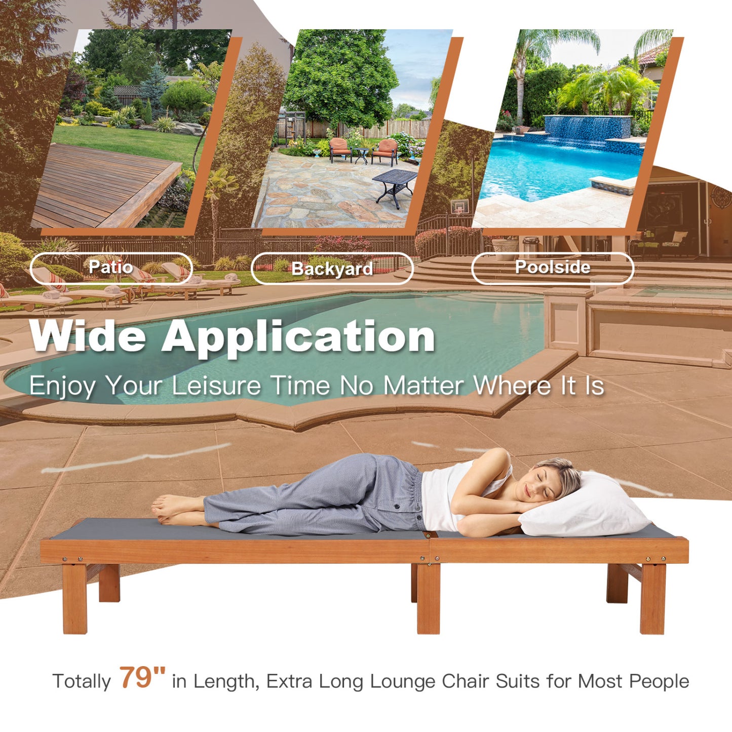 5-Postion Backrest Adjustable Outdoor Wood Chaise Lounge Chair-2, Gray Outdoor Chaise Lounges at Gallery Canada
