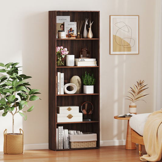 5-Shelf Storage Bookcase, Walnut, Modern Display Cabinet