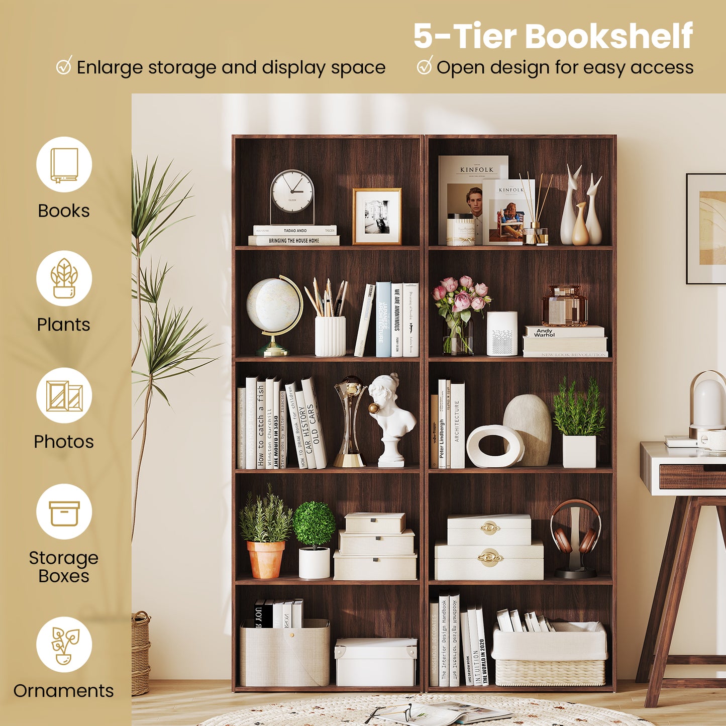 5-Shelf Storage Bookcase, Walnut, Modern Display Cabinet