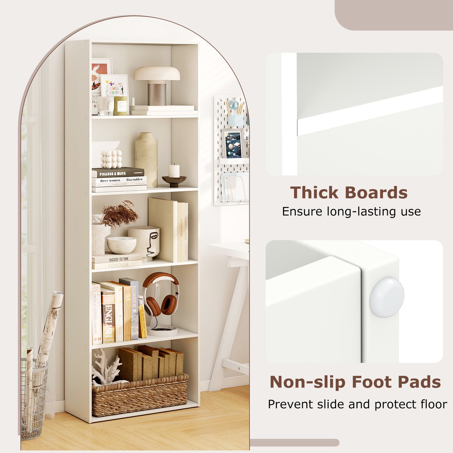 5-Shelf Storage Bookcase, Modern Display Cabinet, White