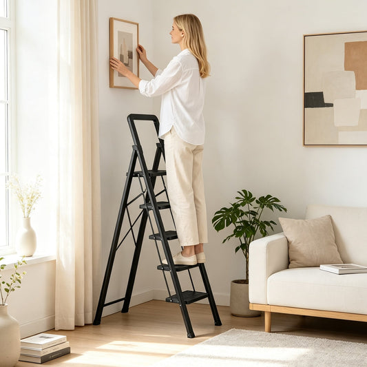 5 Step Folding Step Stool, Wide Anti-slip Pedals, Black Ladders Options at Gallery Canada