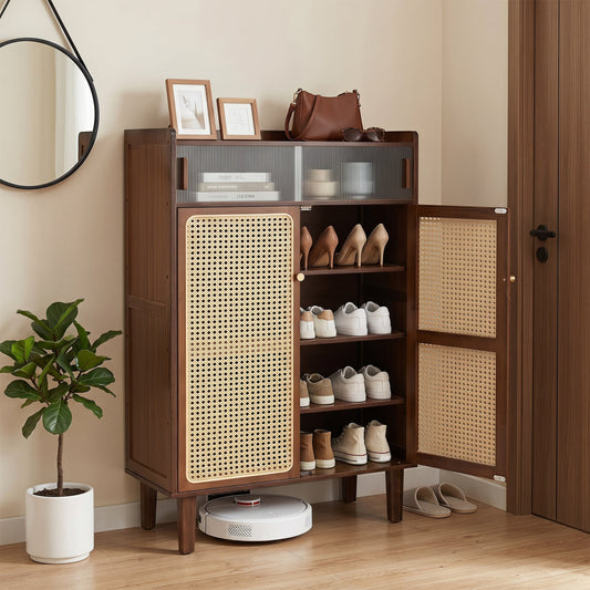 5-Tier Bamboo Shoe Cabinet, Woven Rattan Doors, Walnut Shoe Racks & Storage Benches Walnut at Gallery Canada