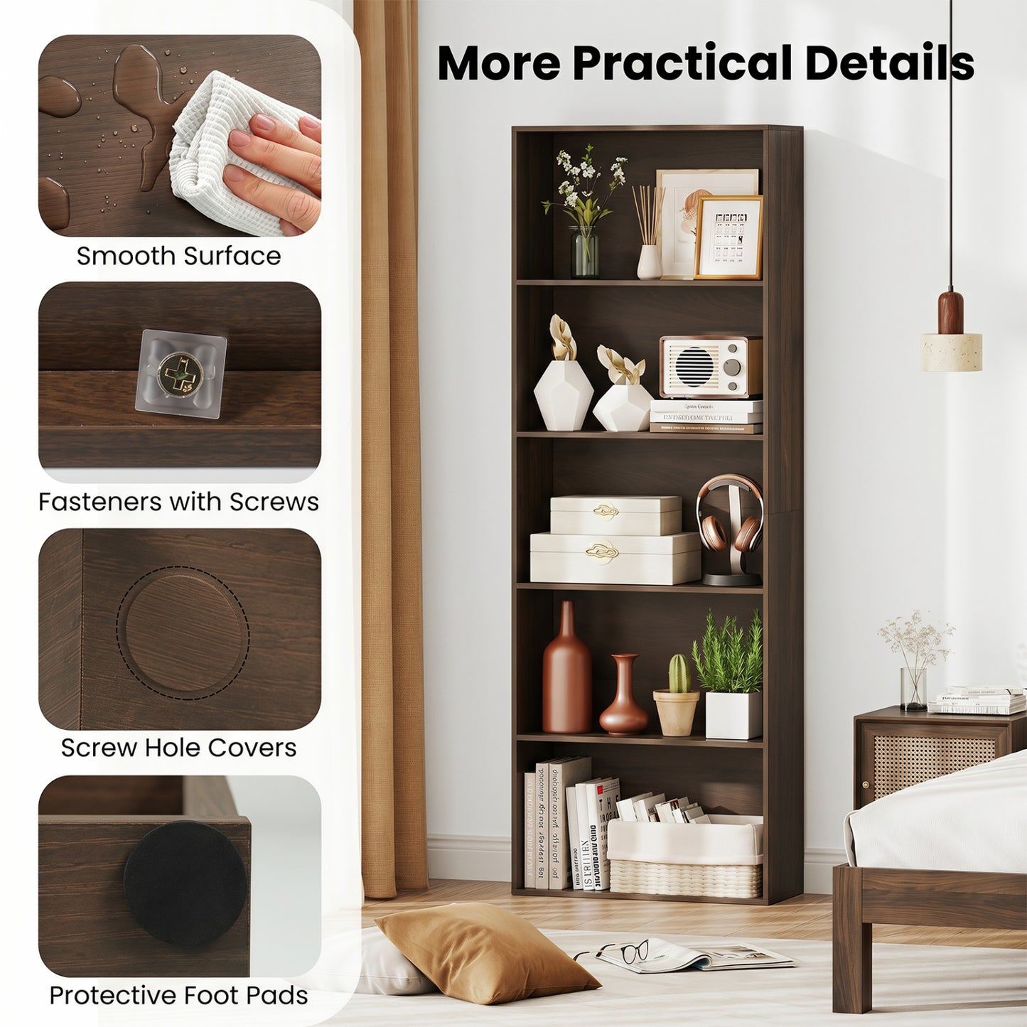 5-Tier Bookshelf Open Bookcase, Dark Walnut