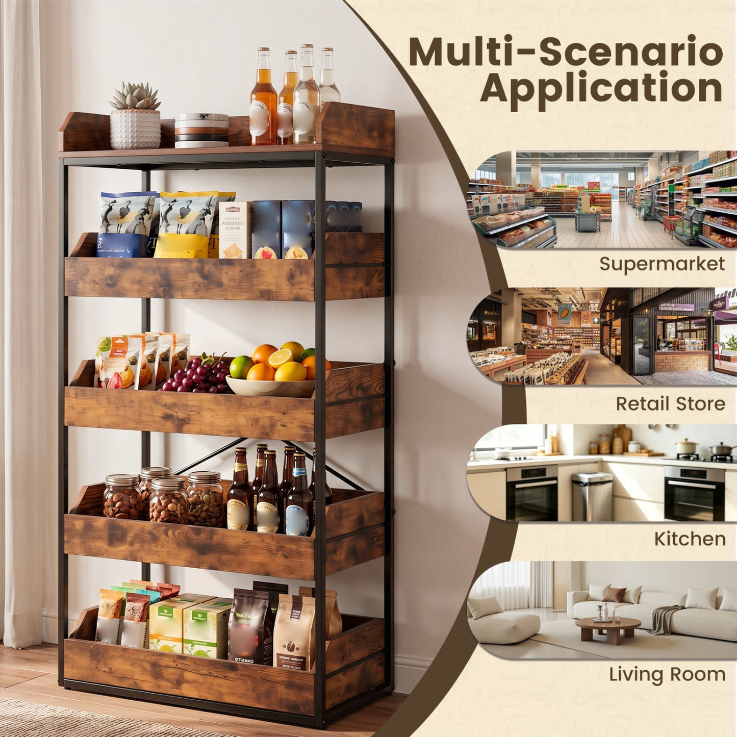 5-Tier Food Storage Rack with 4 Pull-out Drawers and Adjustable Feet, Rustic Brown