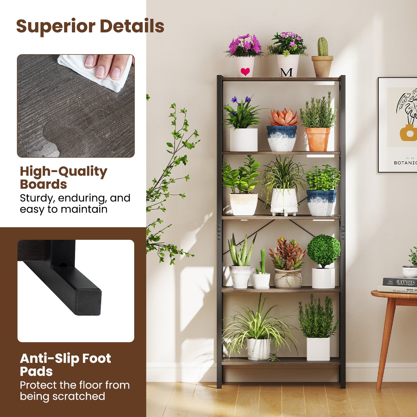 5-Tier Industrial Bookshelf, Metal Frame, Gray Bookcases at Gallery Canada