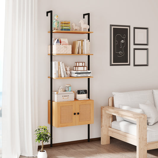 5-Tier Ladder Bookcase with Rattan Cabinet and Metal Frame, Natural Bookcases Natural at Gallery Canada