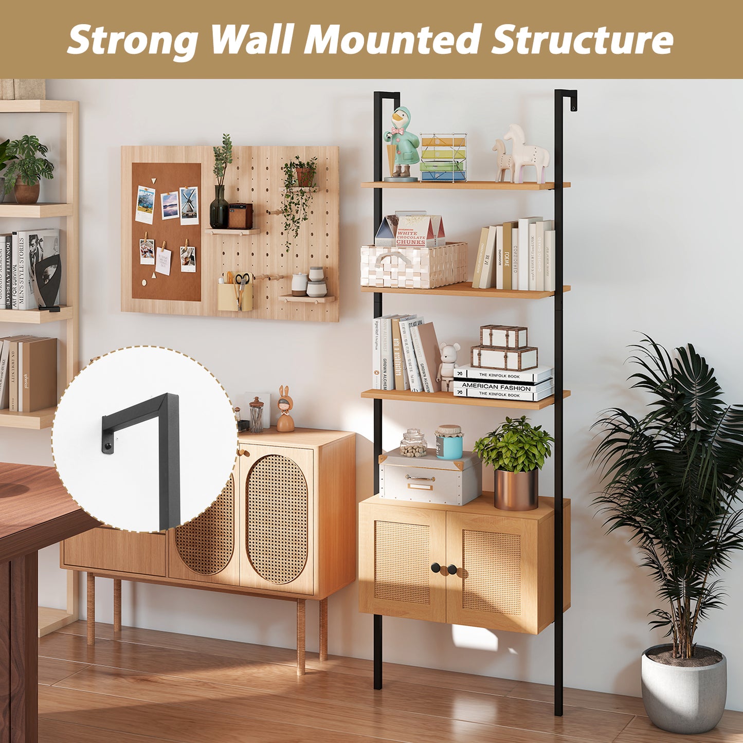 5-Tier Ladder Bookcase, Rattan Cabinet, Metal Frame, Natural Bookcases at Gallery Canada