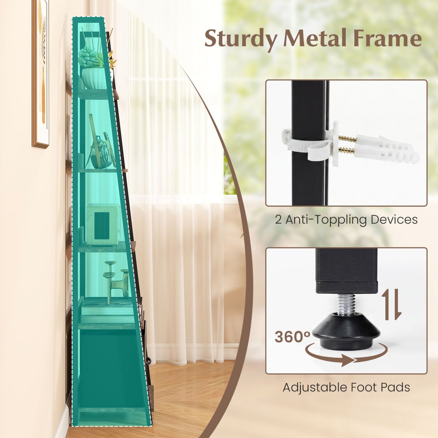 5-Tier Ladder Bookshelf with Fabric Drawer for Living Room and Home Office, Rustic Brown Bookcases at Gallery Canada