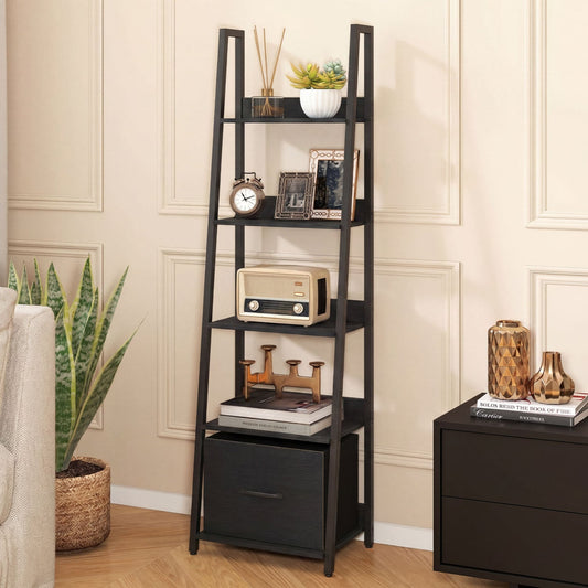 5-Tier Ladder Bookshelf with Fabric Drawer for Living Room and Home Office, Black Bookcases Black at Gallery Canada