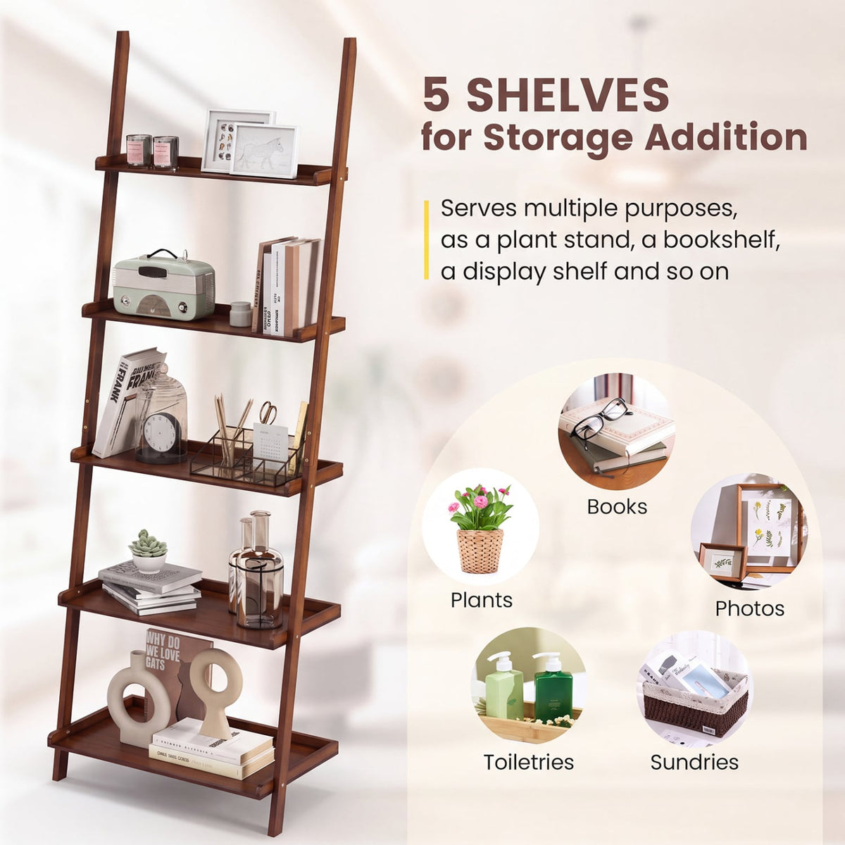 5-Tier Bamboo Ladder Shelf, Wall-Leaning Storage Stand, Walnut Bookcases at Gallery Canada