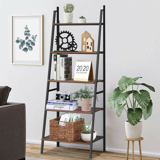 5 Tier Leaning Bookshelf Wood Metal Bookcase Bookcases Options at Gallery Canada