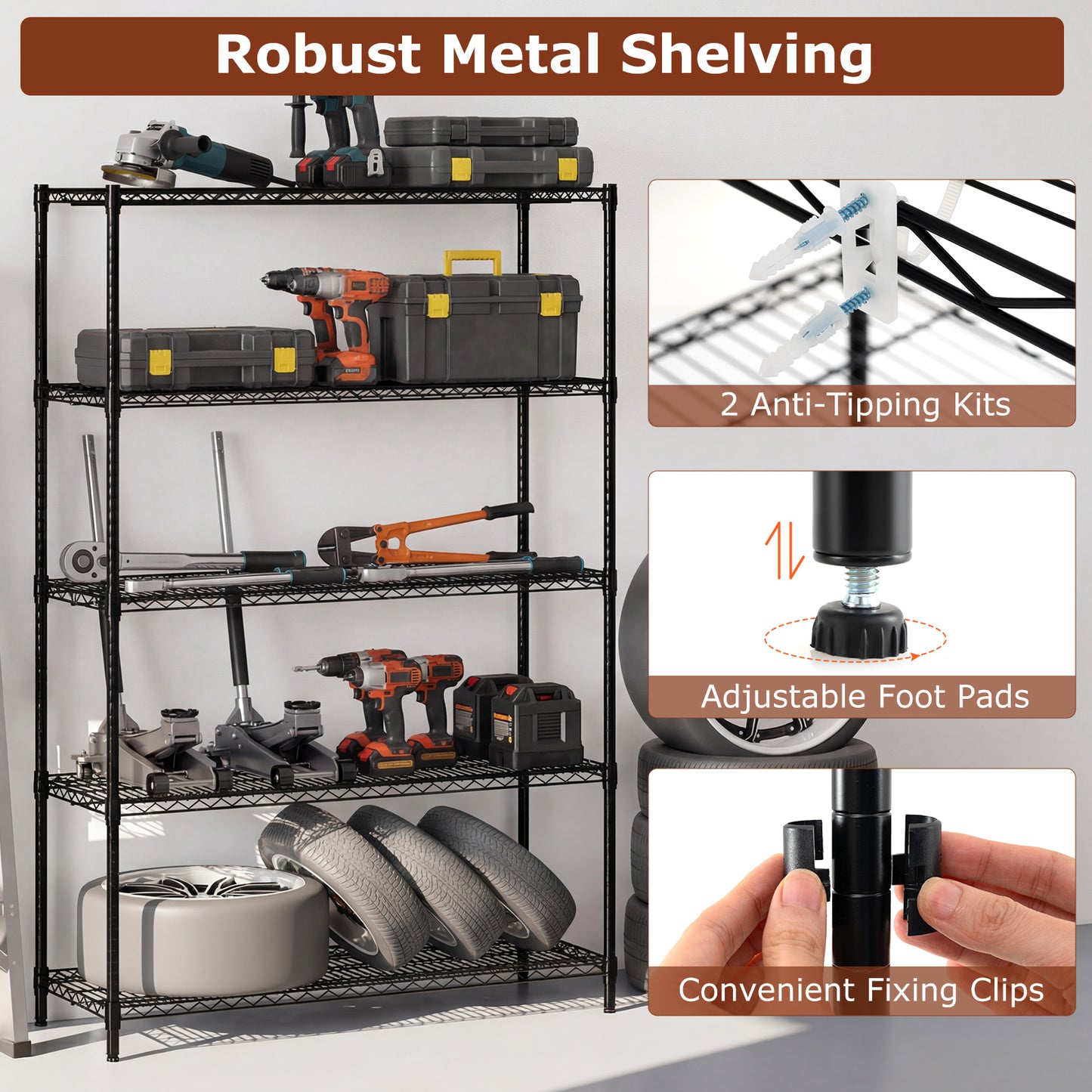 5-Tier Metal Storage Shelving Unit Set of 2 Adjustable Utility Shelf with V-Shaped Wire Rack, Black Garages at Gallery Canada