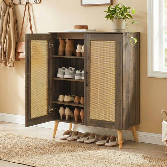 5-Tier Rattan Shoe Cabinewith 3 Removable Shelves, Walnut Shoe Racks & Storage Benches Walnut at Gallery Canada