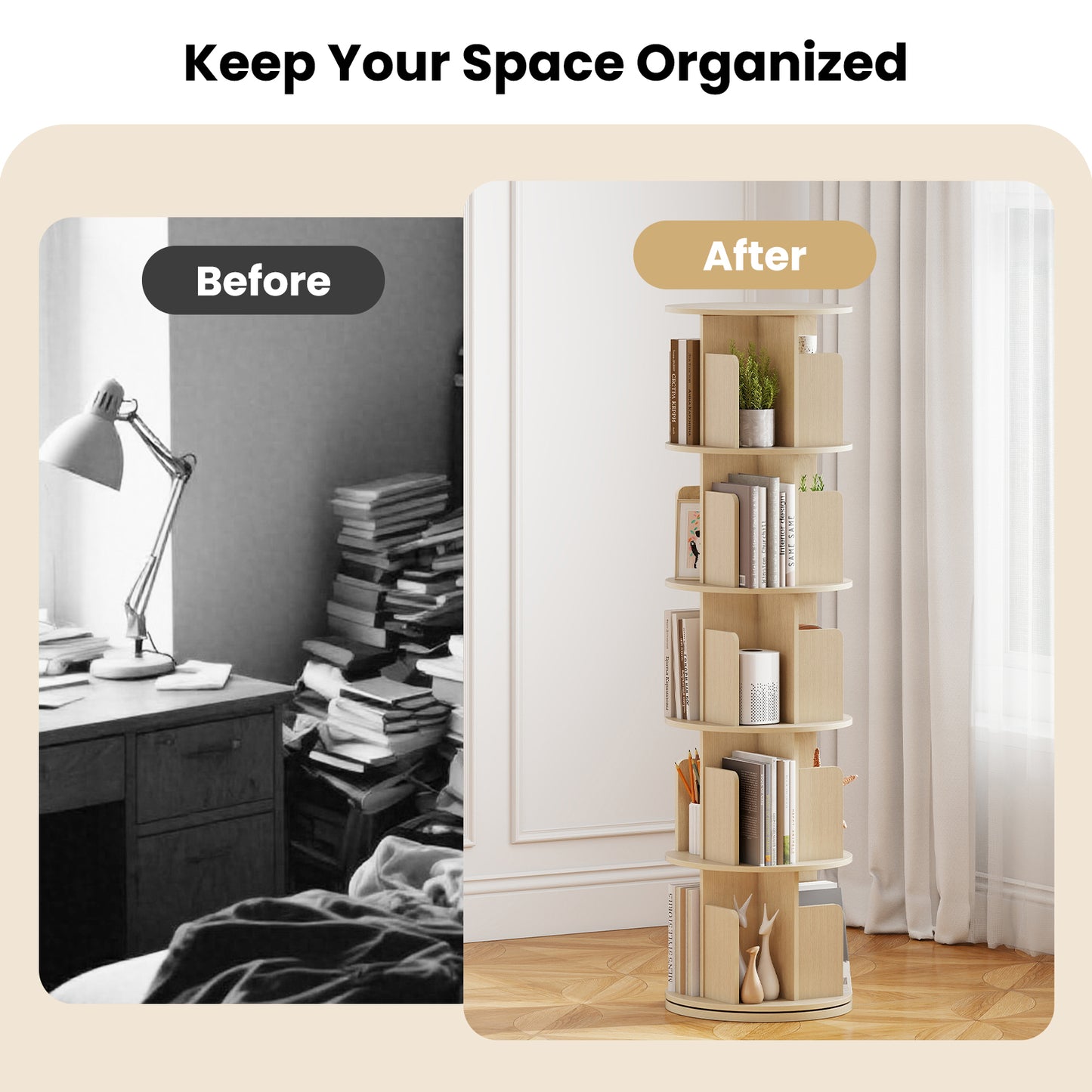 5-Tier Rotating Bookshelf, 360° Display Rack, Natural Bookcases at Gallery Canada