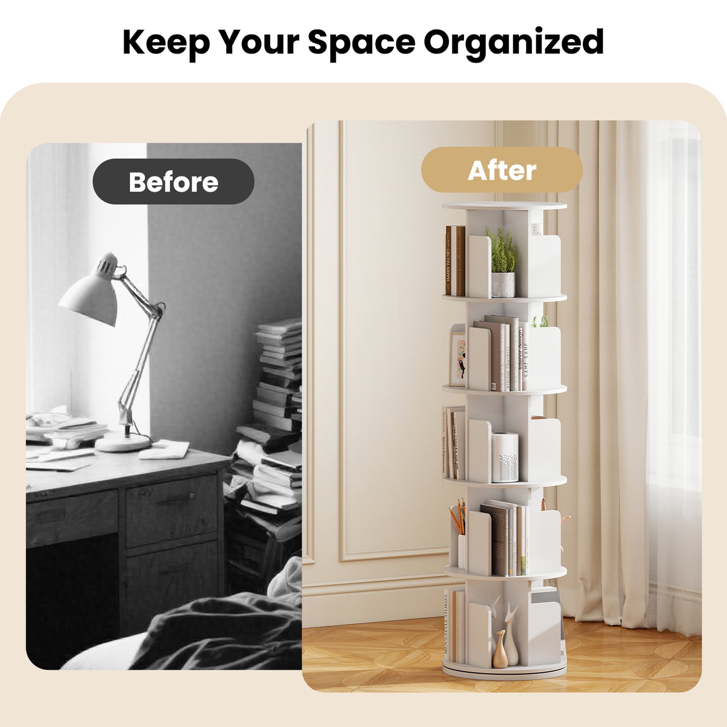 5-Tier Rotating Bookshelf 360° Display Rack with Dividers and Anti-falling Baffles, White Bookcases at Gallery Canada