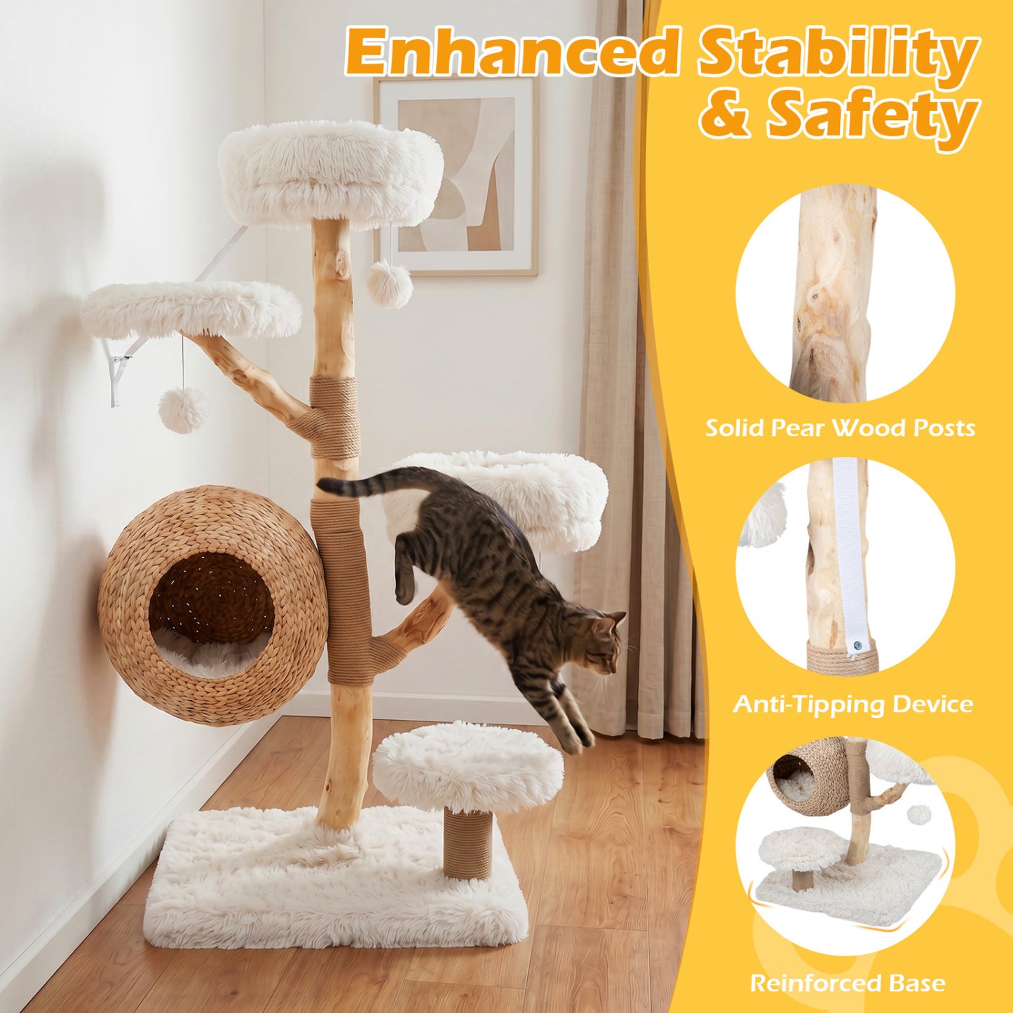 5-Tier Wooden Cat Tree, Woven Condo, Plush Perches, Jute Posts, White Cat Trees Condos & Scratchers at Gallery Canada