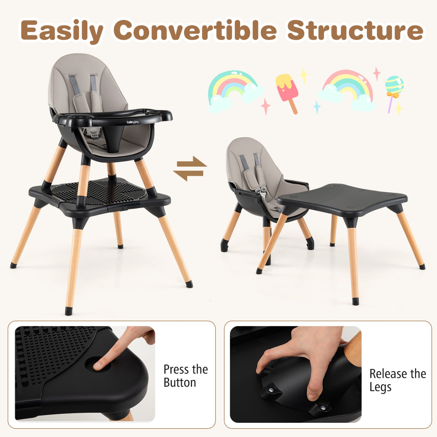 5-in-1 Baby Convertible Wooden High Chair, Detachable Tray, Black High Chairs at Gallery Canada