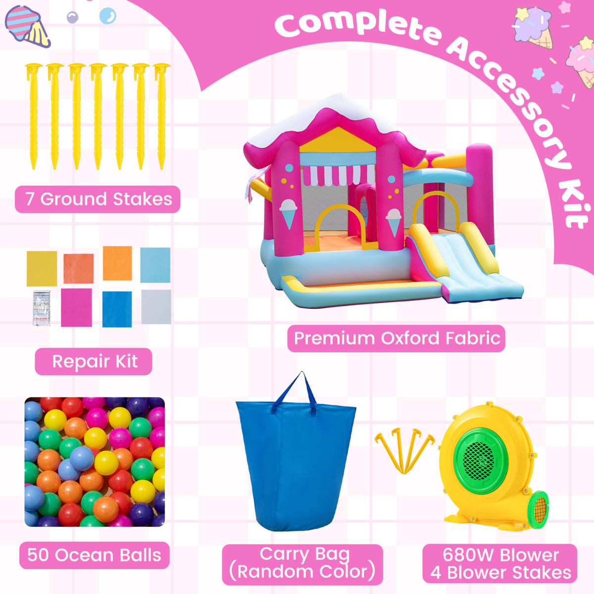 Structure gonflable 5-en-1 avec tunnel, souffleur 680W, enfants 3-12 ans