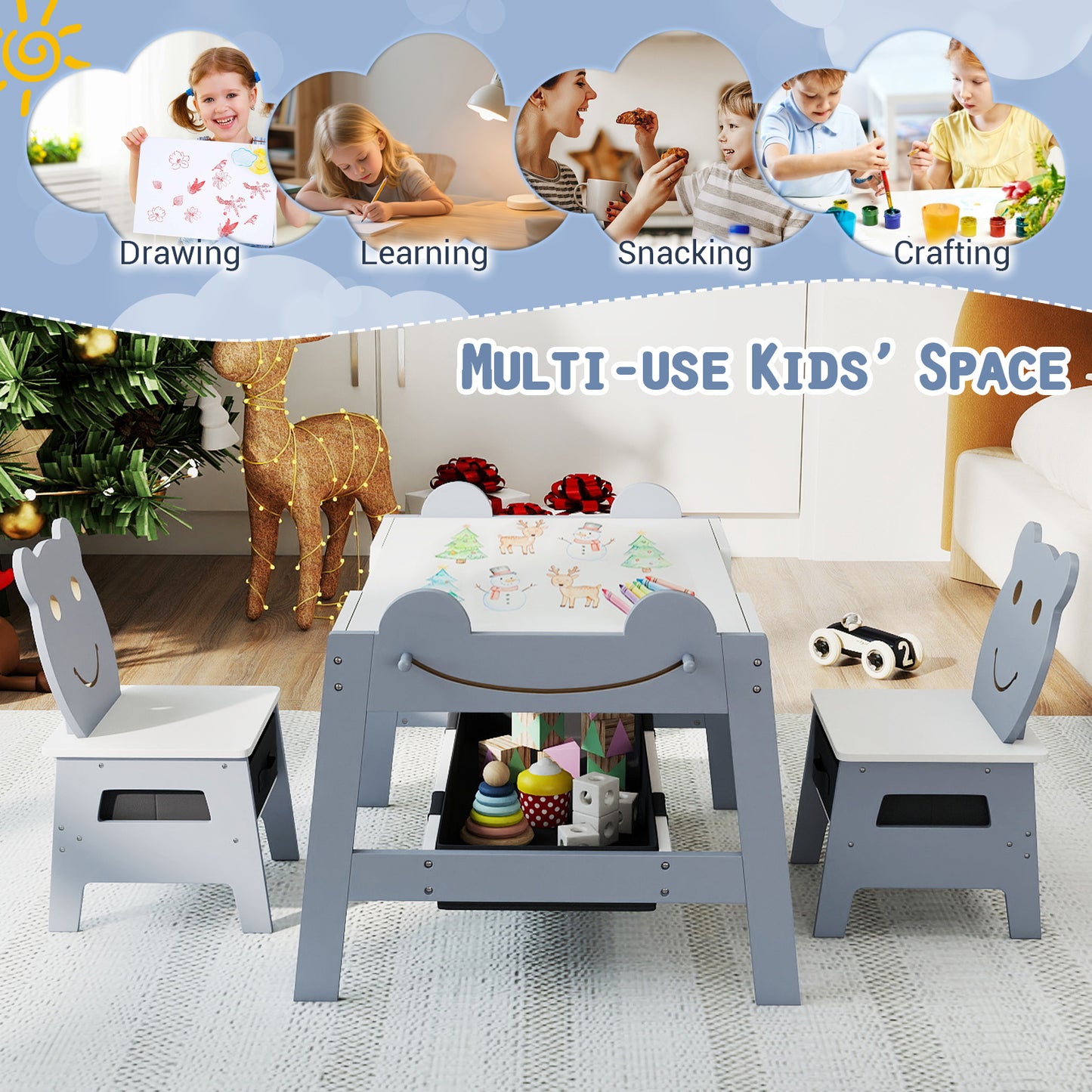 5-in-1 Toddler Table and 2 Chairs Cute Art Desk Set with Reversible Chalkboard Whiteboard-Grey, Gray Kids Table & Chair Sets at Gallery Canada